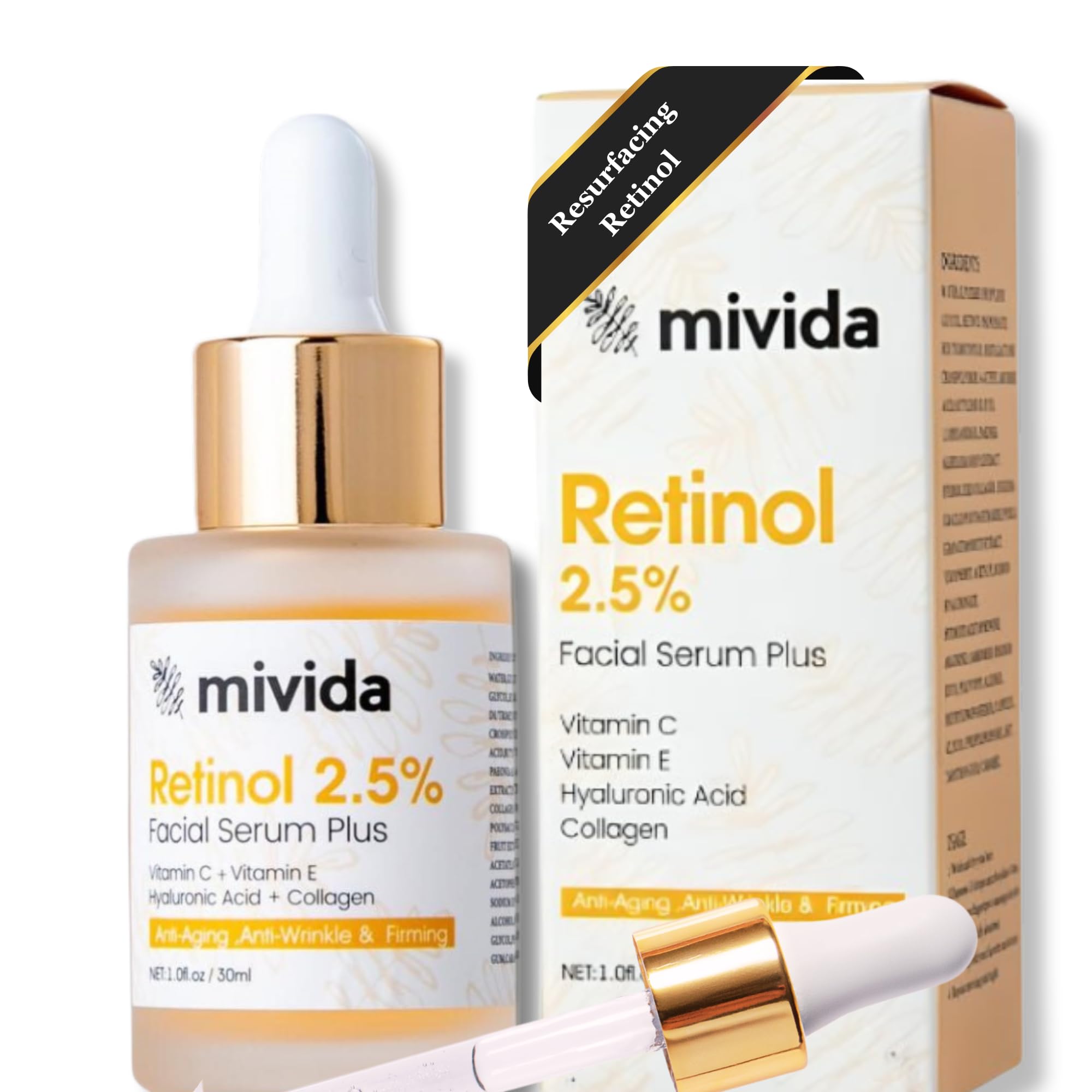 Mivida Premium Retinol Serum, Plus Hyaluronic-Acid Vitamin C & Vitamin E
